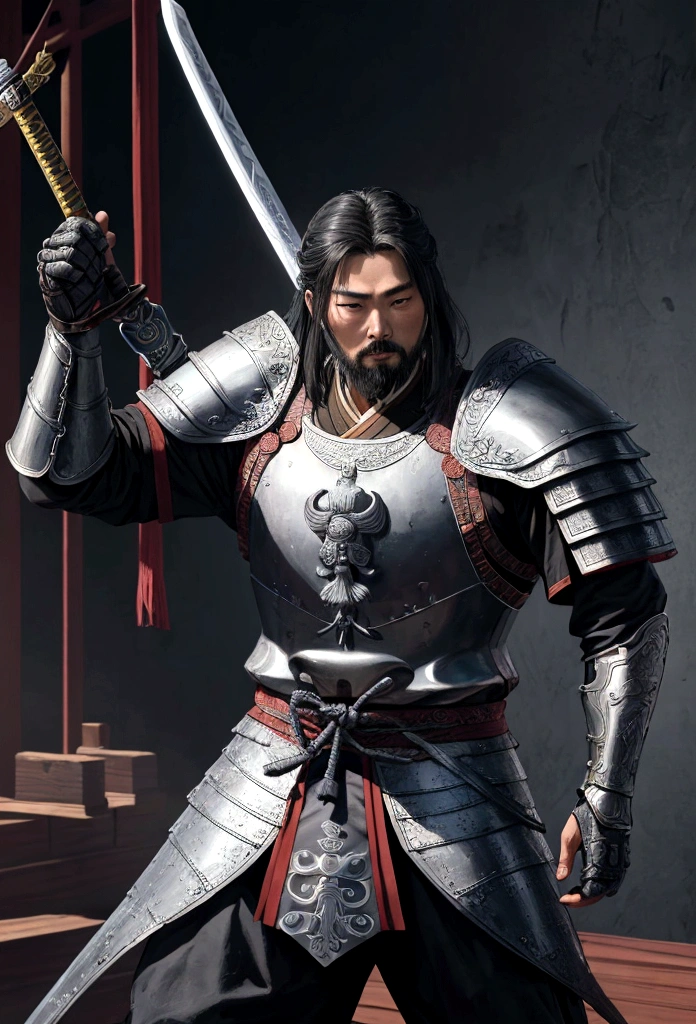 Araped image of a man in armor holding a sword, korea Warrior, korea Three Kingdomss, from Three Kingdomss, picture of an adult male Warrior, Zhaoyun, Shipbuilding, powerful Warrior, Mongol, historical hero, Three Kingdoms, legendary Warrior, Three Kingdomss, Guan Yu, photo of Shipbuilding, Warrior