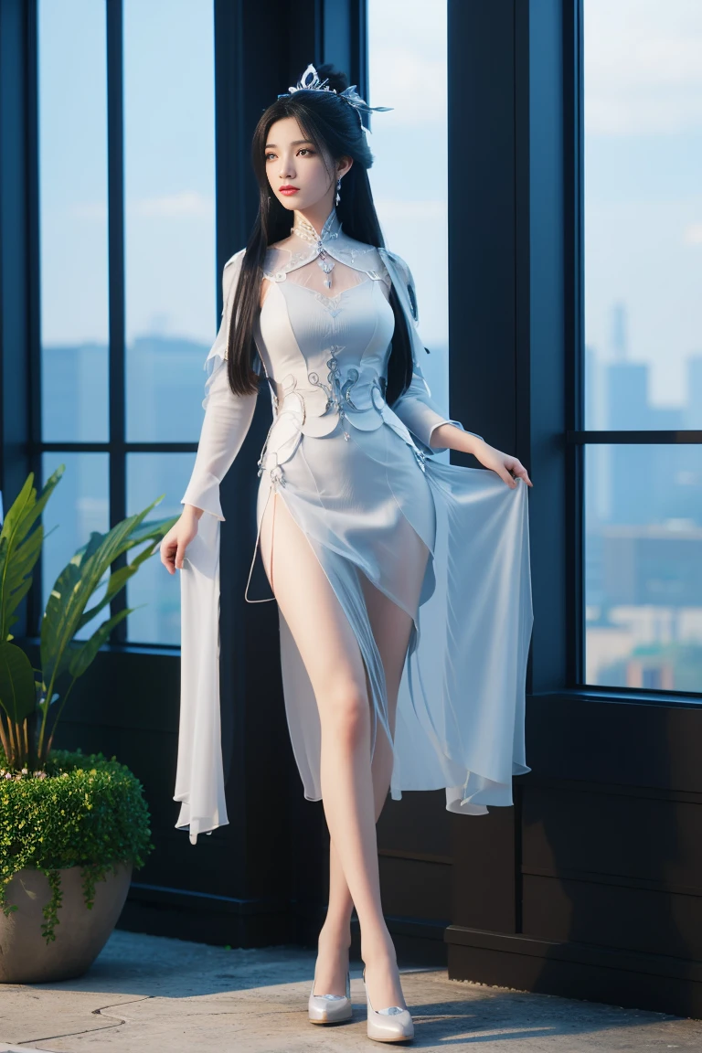 best quality, tmasterpiece,Ultra-high resolution,Clear face,(Reality:1.4),ferpect lighting,(full body photo), (photorealistic:1.50), anime wallpaper, Guviz style artwork , cover-up fantasy to magic, by Yang J, Guviz, beautiful artwork illustration, beautiful digital artwork, beautiful digital illustration, Li Song, beautiful anime portrait, art style at Beauvot, 1girl,solo, long hair, black hair, hair ornament, Chinese dress,