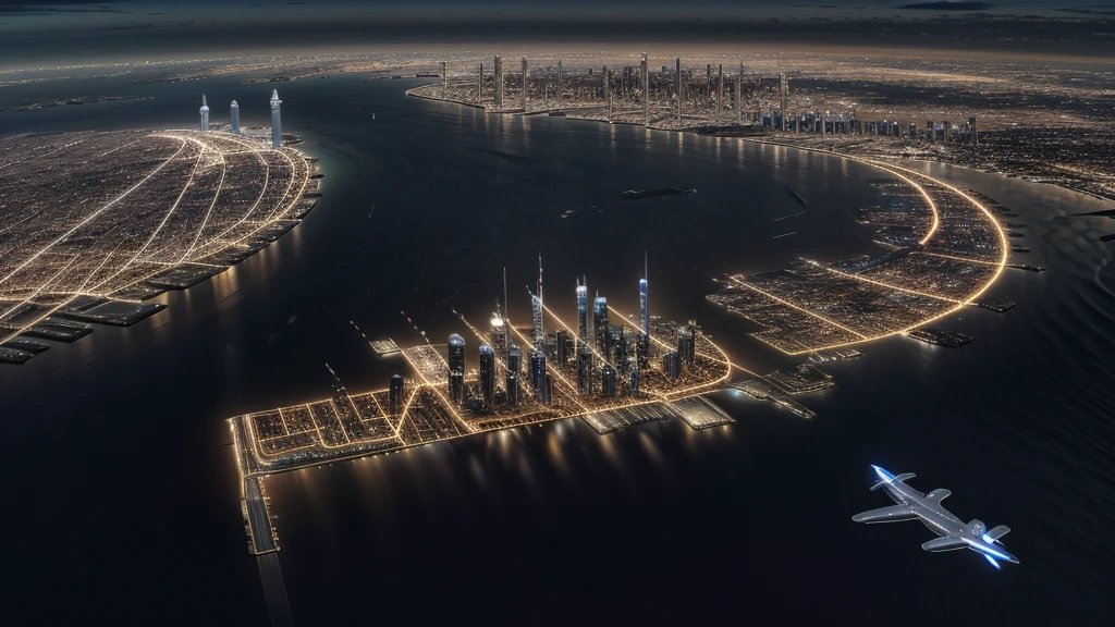 Night view from the plane,futuristic city:1.3,port,Flying spaceship,Skyscraper,masterpiece,best quality,Ultra-high resolution,(Very detailed:1.2),8K,Reality,best aesthetics,beautiful,Reduce duplication of things Reduce duplication of buildings（streamline） Less greasy buildings 
