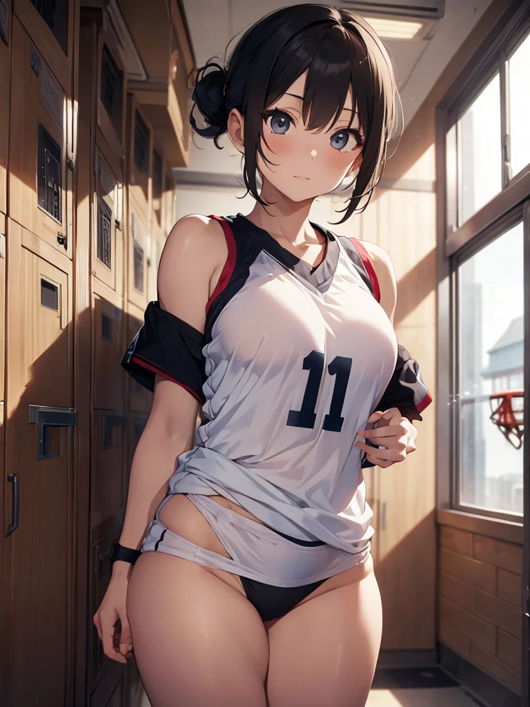 Masterpiece, 8k quality, hyper detailed, one girl, (short hair tied up), light hair, small breast, thick thighs, (basketball jersey), locker room, (seductive look