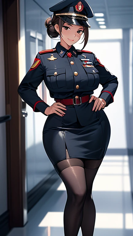 Mature Woman,(uniform,Tight Skirt, High heels,stockings,Uniform cap)((Female Officer、female soldier、female cadres、NCO)),、((A seductive smile)), (From above:1.1), blush, eyelash, Beautiful Eyes, belly button, Fishnet Focus),Mole on chest, Perfect body, Thick thighs, Wide Hips, Seductive Woman, Red lips, Shadow, Villainess,latex,Holster on thigh