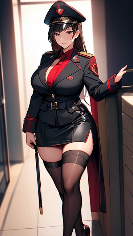 Mature Woman,(uniform,Tight Skirt, High heels,stockings,Uniform cap)((Female Officer、female soldier、female cadres、NCO)),、((A seductive smile)), (From above:1.1), blush, eyelash, Beautiful Eyes, belly button, Fishnet Focus),Mole on chest, Perfect body, Thick thighs, Wide Hips, Seductive Woman, Red lips, Shadow, Villainess,latex,Holster on thigh