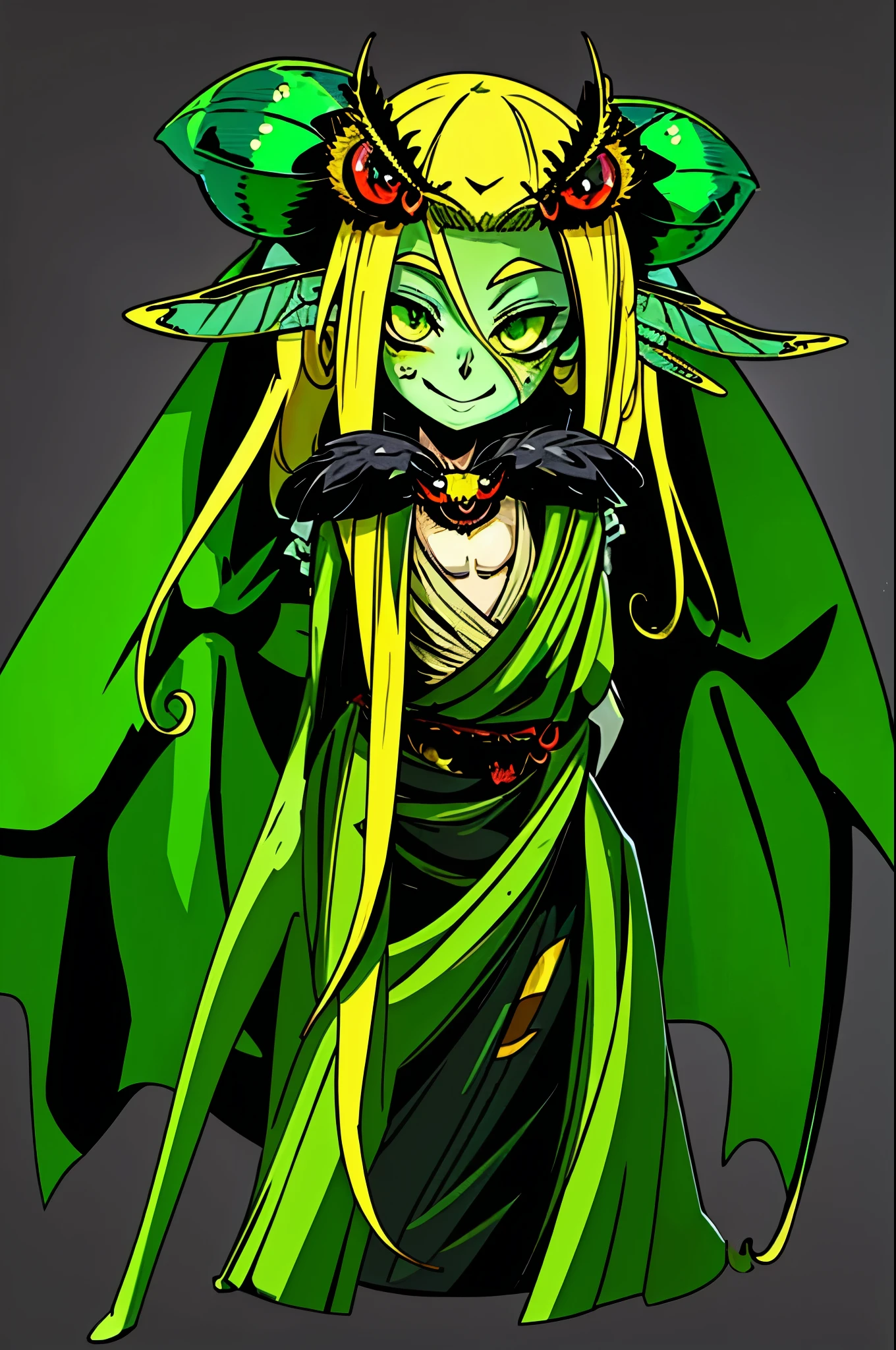 1girl, chibi spider girl, monster musume, 9 years old, hairy thin long spider legs, dragonfly wings, moth antenas on head, blonde long hair, yellow hair, green clothes, green eyes, flat chest, smiling innocently, hades style, hadesstyle, hades2style, hades 2 style