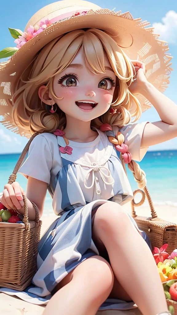 (top-quality, 8K, ?masterpiece:1.3) A portrait of a happy anime girl enjoying a beach picnic, sitting on a checkered blanket with a basket of fruits and snacks. She wears a cute swimsuit and a sunhat. The background includes a sunny beach with clear blue water and people playing in the distance. The image should highlight detailed elements of the picnic setup, her joyful expression, and the bright, cheerful lighting creating a fun, relaxing atmosphere.