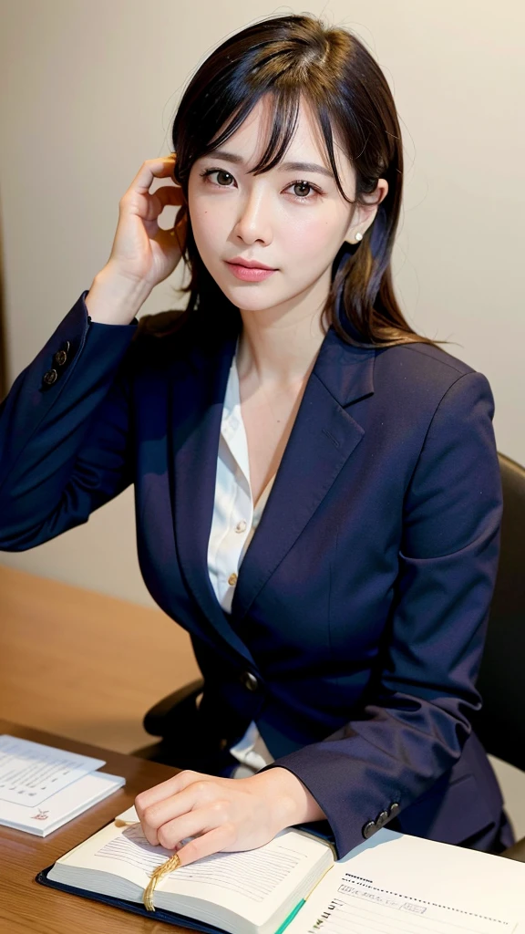 Writing in a notebook,Sitting at your desk,One girl, Mature Woman,No-collar suit , Making plans at desk, Looking down,Place your calendar and notepad so they are visible,Realistic, highest quality, Detailed face, Stylish office, Detailed Background, Depth of written boundary, Bokeh,