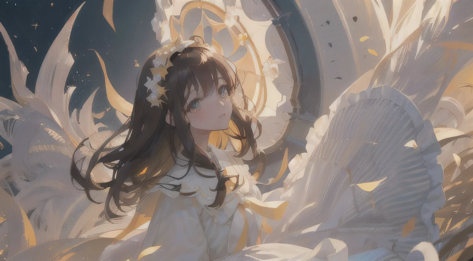 (1girl:1.2), slight blush, wavy hair, fluffy hair, capelet, lace trim, lace, frills, lolita, elegant, bodice, light smile, peaceful, colorful, (winter:0.7), (flowers:0.7),, nature, princess, royal, extremely detailed, beautiful background, white, depth of field, cinematic lighting, Ghibli-like colours, high detail, scenery, horizon, wind, wind blow, looking at viewer, lolita clothes, 8k, bokeh, award winning, (masterpiece:1.3), best quality, anatomically correct, perfect hands, ((Anime Woman)),,(gold and black clothing),( ( golden colored eye in the right eye) ) ( (dark gray eye in the left eye) ) ( ( star-shaped pupil in the left eye) ), ( ( dark brown hair in the half right side of hair) ), ( (light brown hair in the half left side of hair ) ), ( (split dyed hair ) ) , star shaped eye pupil, white colored eye pupil——Anime woman