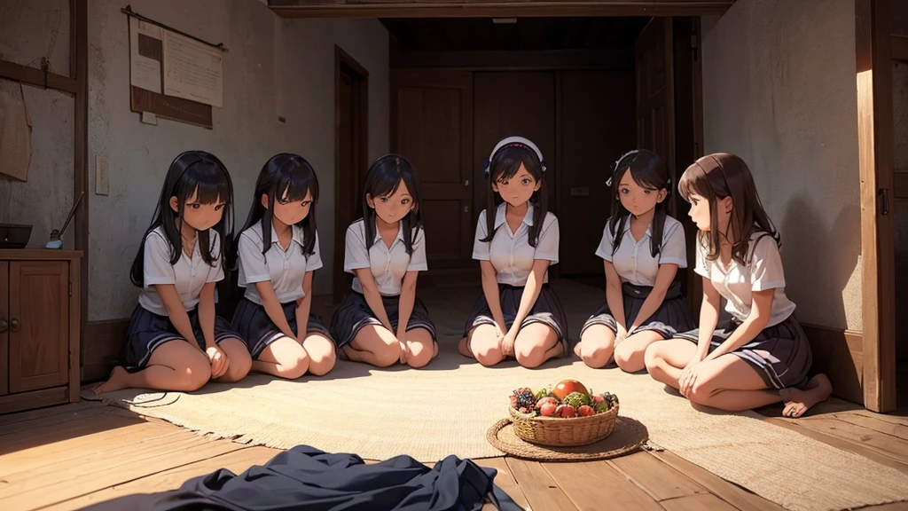 5 girls, 5girls, five girls. They are dressed as village girls, sat on the floor encircled an offering circle in a dark, empty room.