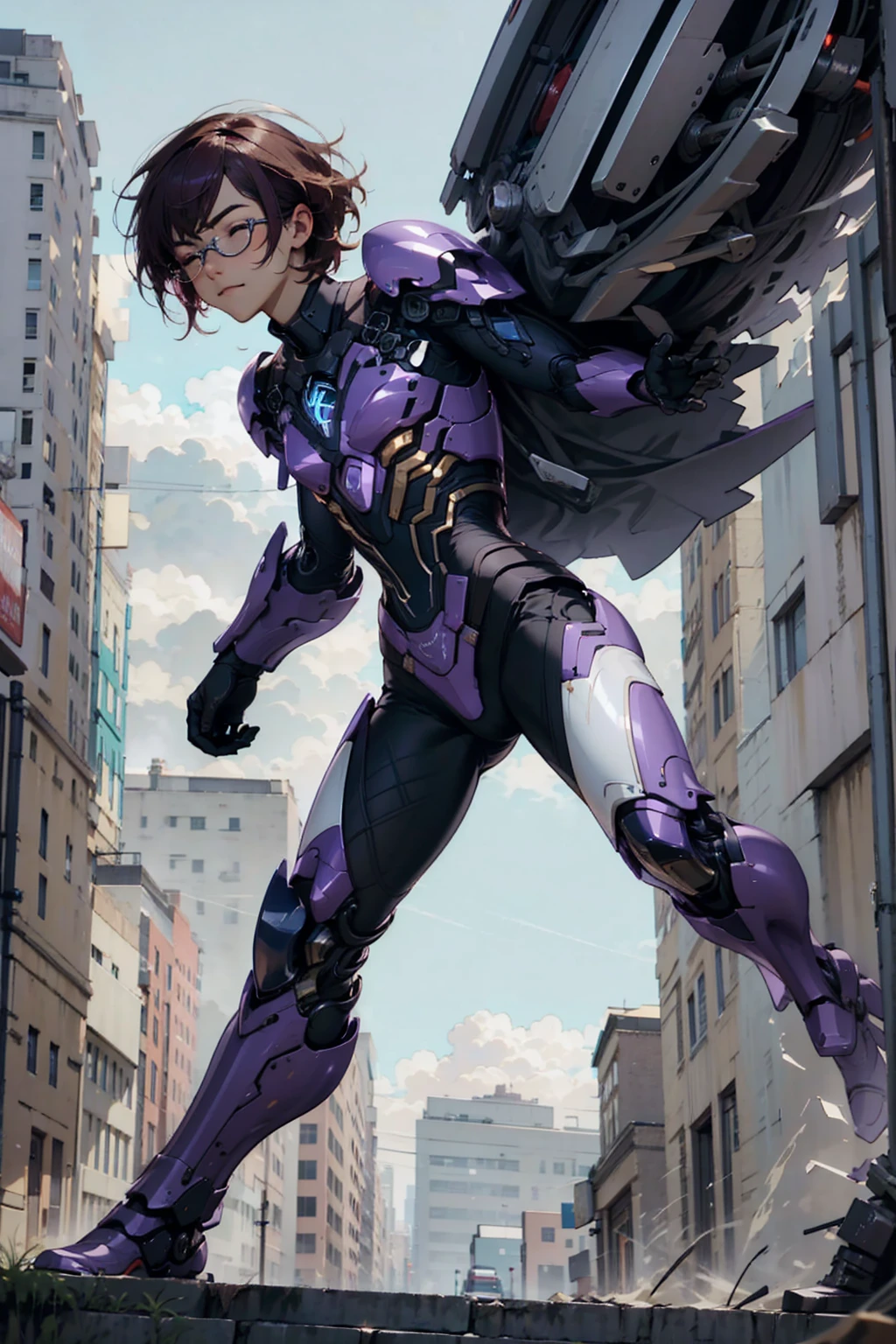 1male, Young Adult, Dark Violet Hair, Eyes Closed, Short Hair, Dojo Background, Slight Smile, Glasses, Standing In City, Detailed background, Black and White Combat Suit