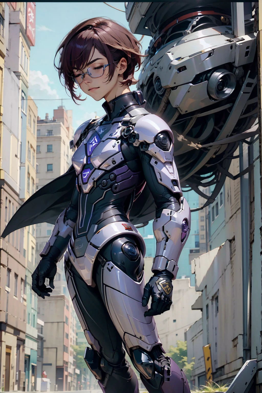 1male, Young Adult, Dark Violet Hair, Eyes Closed, Short Hair, Dojo Background, Slight Smile, Glasses, Standing In City, Detailed background, Black and White Combat Suit