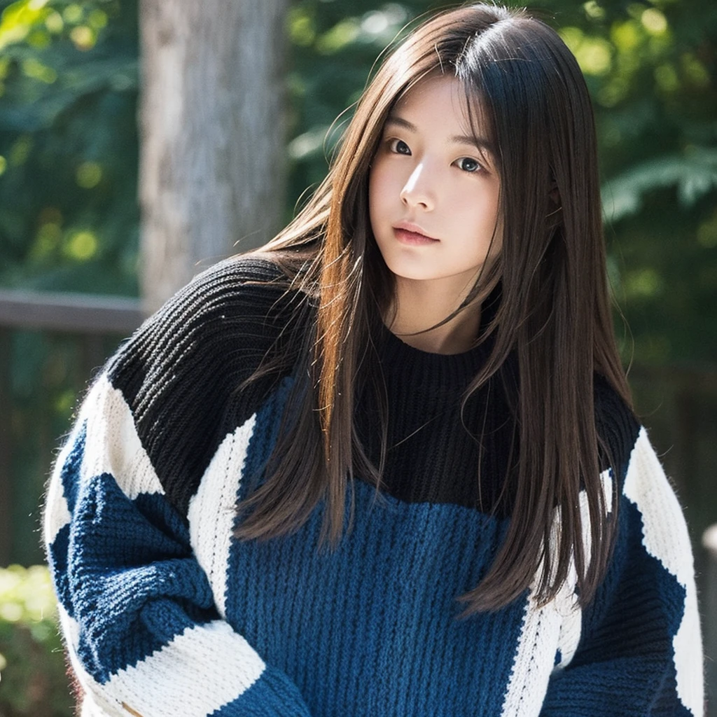 one girl, white skin, has long hair and straight brown hair, he wears black and dark blue knitwear.