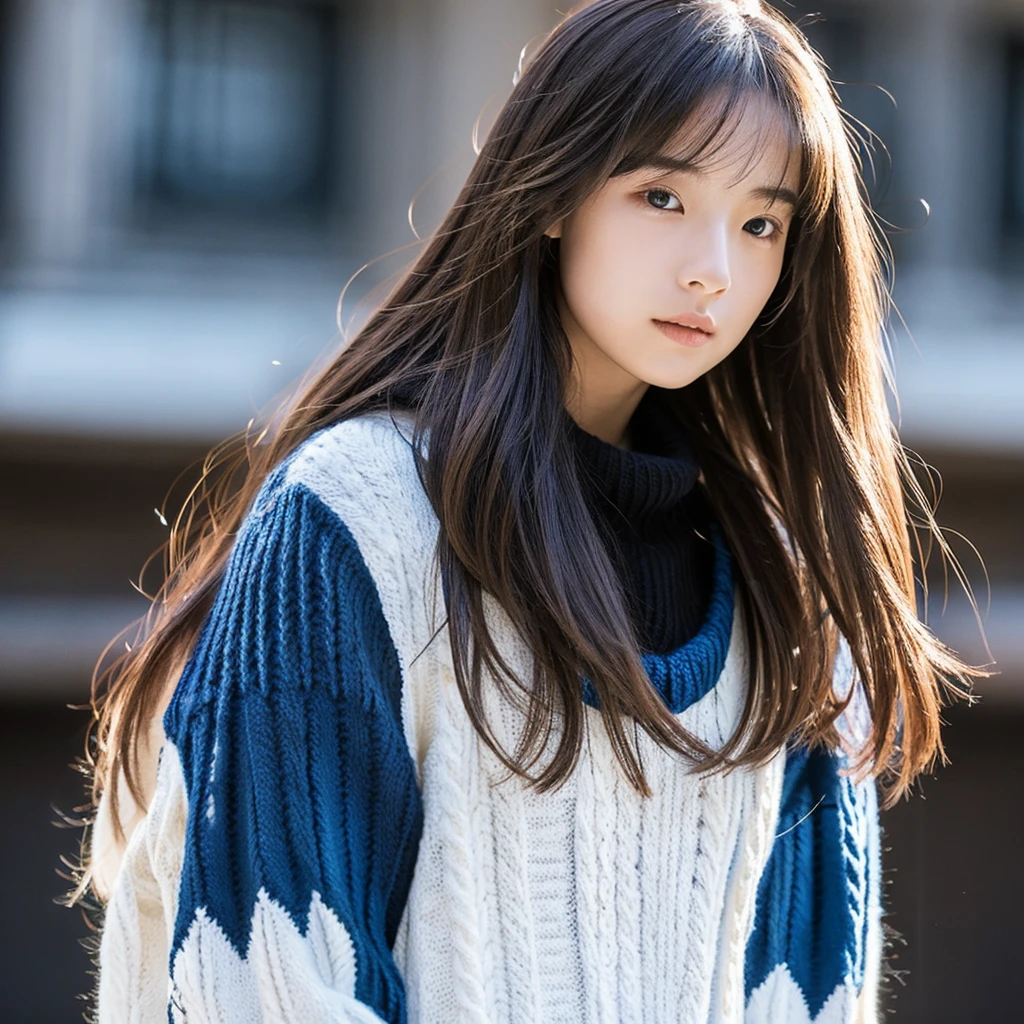 one girl, white skin, has long hair and straight brown hair, he wears black and dark blue knitwear.