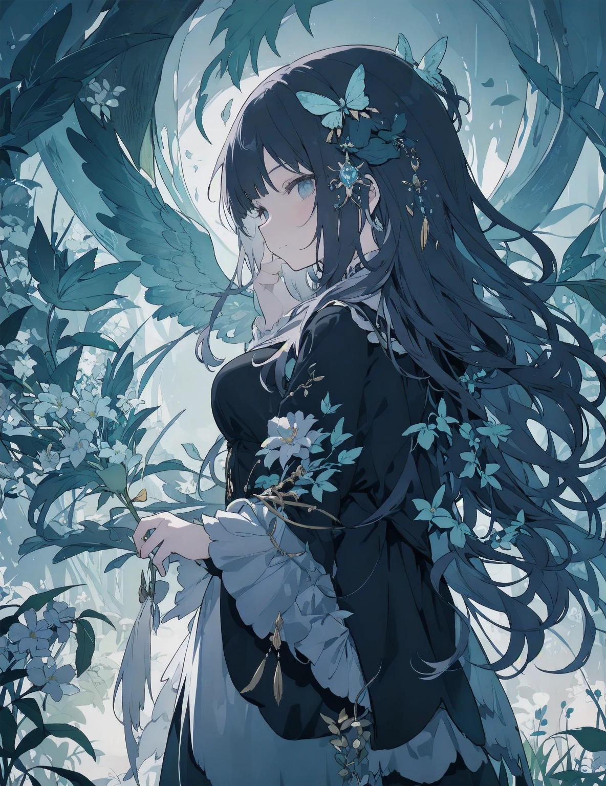 natural lighting, gentle smile, upturned cheeks, squinted eyes, half up-do, floating hair, coquettish hair, slightly shining hair, dress, silk, satin, gloss, luster, see through, 1girl, solo, crystal, glassy gloss, amorphous dress, fire fly, lighting fly, butter fly, morpho, jewelry, ornaments, antique, dusk, twilight, high saturation, warm color, flowers, alchemist, laboratory, fantasy costume,