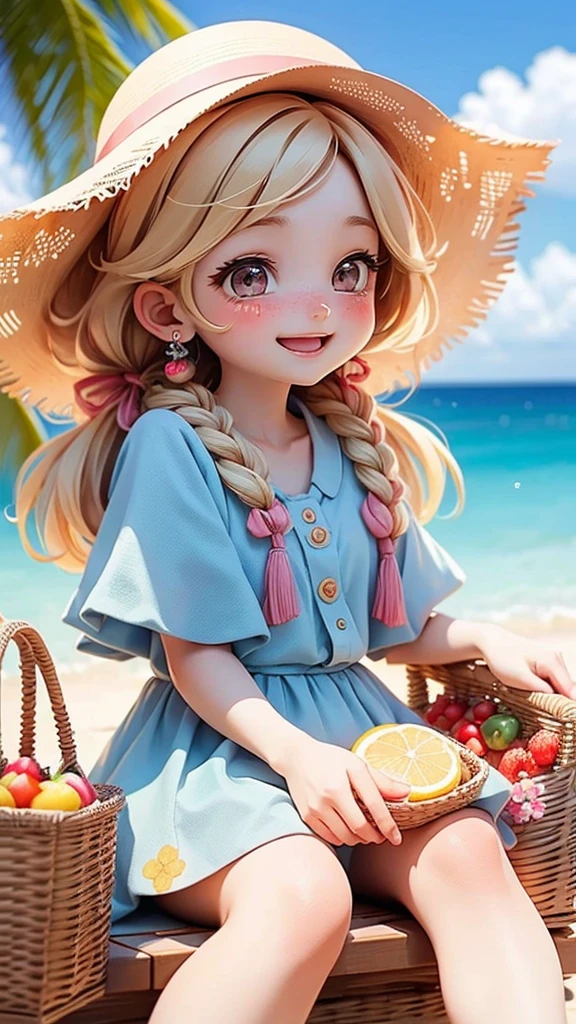 (top-quality, 8K, ?masterpiece:1.3) A portrait of a happy anime girl enjoying a beach picnic, sitting on a checkered blanket with a basket of fruits and snacks. She wears a cute swimsuit and a sunhat. The background includes a sunny beach with clear blue water and people playing in the distance. The image should highlight detailed elements of the picnic setup, her joyful expression, and the bright, cheerful lighting creating a fun, relaxing atmosphere.
