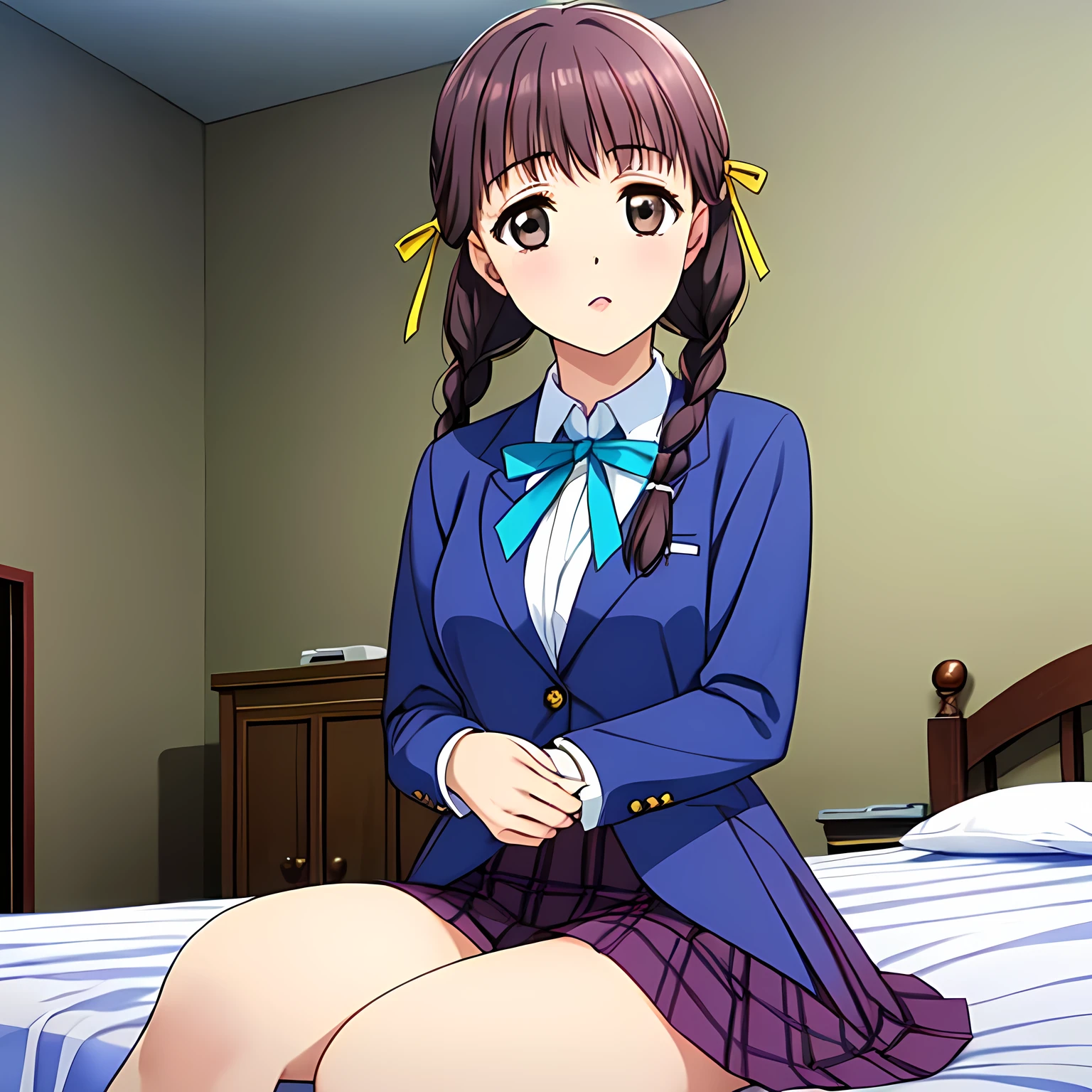 (highest quality, masterpiece:1.2), highest quality, High resolution, 1080p, 8K, Height: 158cm, ((High-definition game CG)), ((Like a beautiful girl dreaming of a game heroine、A very intelligent, very noble, pretty and neat beautiful girl is sitting、She caresses the bulge of the bed lovingly.)), He tries to hide his shocked mouth with his hands., A face that everyone loves, Glossy lips, Even bangs, ((Very beautiful brown eyes)), The very large red shiny wide ribbon bowtie is very cute., ((Black Hair)), ((long twin braids)), (((A long, neat, dark navy blue checked pleated skirt))), (((Dark blue winter long sleeve blazer))), How to wear a neat uniform, Extremely lustrous, shiny game heroine lips, Mouth open, Ribbon in hair, Tight waist, slender, The ribbon is big and very pretty., Beautiful hair like a hair model, The background is a pitch black space, Long skirt