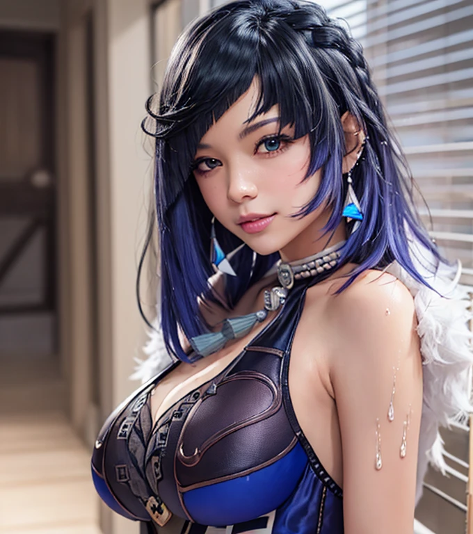 ((realistic)), ((best quality)), ((masterpiece)), (ultra details), 1girl, cute face, k-pop idle IVE, messy hair, curly hair, wearing パワードスーツ、wearing futuristic clothing, sexy, posing in bed, shot from above, arm up, background cyber punk, background neon sign, steam punk, blue nipples, blue nipples, purple nipples