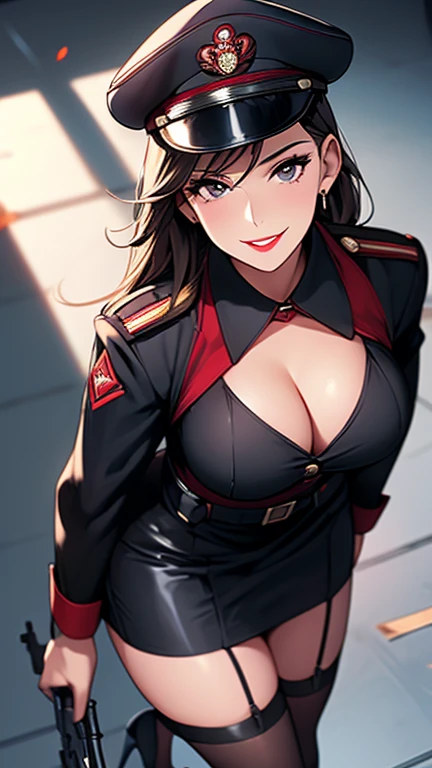 Mature Woman,(uniform,Tight Skirt, High heels,stockings,Uniform cap)((Female Officer、female soldier、female cadres、NCO)),、((A seductive smile)), (From above:1.1), blush, eyelash, Beautiful Eyes, belly button, Fishnet Focus),Mole on chest, Perfect body, Thick thighs, Wide Hips, Seductive Woman, Red lips, Shadow, Villainess,latex,Small handgun on thigh, There is cleavage in the chest