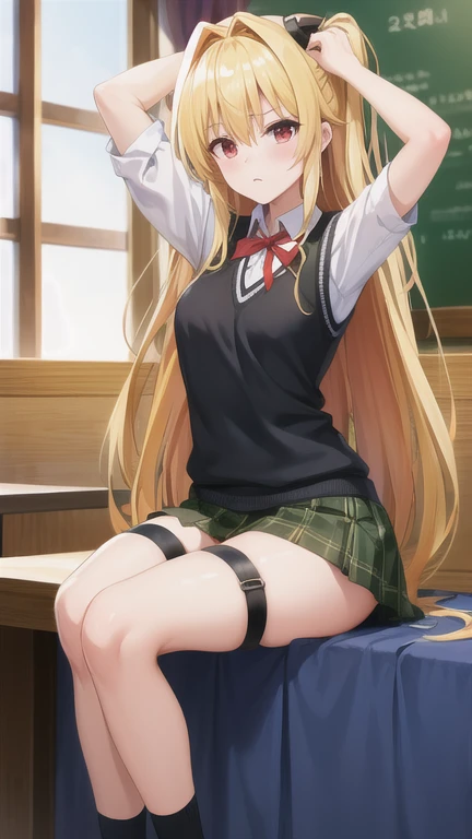 masterpiece, best quality, highres, BREAK , phyami, yamisch, long hair,hair ornament, hair between eyes, blonde hair, very long hair,red eyes,
,thigh strap, sweater vest, plaid skirt, plaid, socks, pleated skirt, skirt,
/=yaminor,etached sleeves, black dress=/
BREAK
,
, BREAK ,angry,japanese hotel reception daytime, , fantasy, victorian theme, , , hands over head,, navel,