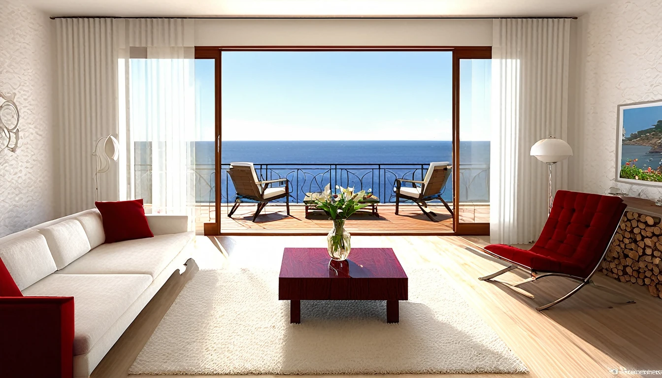 Describe a typical Spanish home living room with the following features: wood wallpaper, wooden decking, a wine table centerpiece, white cushions, a deep red sofa, white curtains, ornamental plants, a pendant light, and a bright morning scene with a window overlooking the sea. Please provide a highly detailed description with a resolution of at least 16k pixels, showcasing a beautiful and warm atmosphere.