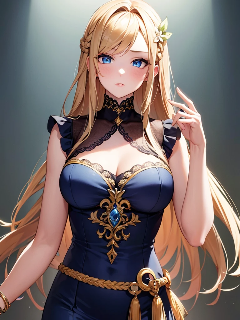 single anime girl
BREAK long blond hair, braid, side bangs, hair ornament, flower hair clip, blue eyes, thin lips, small , thin thighs
BREAK casual dress, gold ring, sleeveless dress, dark blue dress
BREAK looking at viewer, upper body, blush, slightly annoyed face, walking, dynamic pose
BREAK middle ages city background
BREAK (masterpiece:1.2), best quality, high resolution, unity 8k wallpaper, (illustration:0.8), (beautiful detailed eyes:1.6), extremely detailed face, perfect lighting, extremely detailed CG, (perfect hands, perfect anatomy)