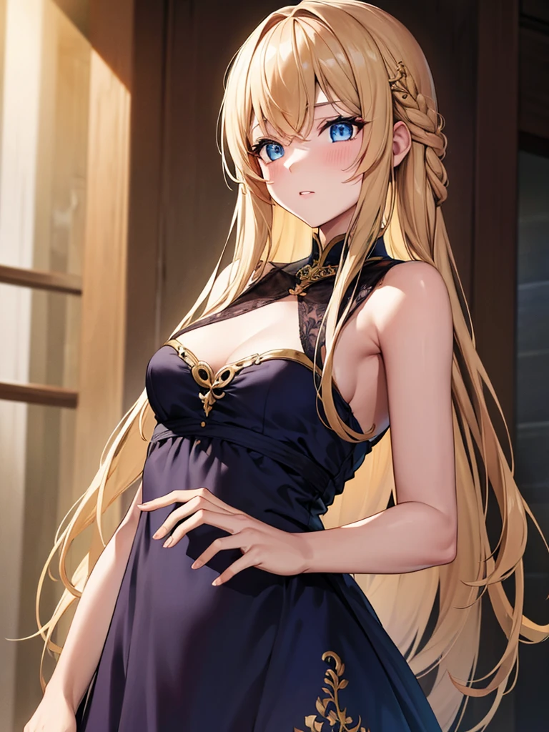 single anime girl
BREAK long blond hair, braid, side bangs, hair ornament, flower hair clip, blue eyes, thin lips, small , thin thighs
BREAK casual dress, gold ring, sleeveless dress, dark blue dress
BREAK looking at viewer, upper body, blush, slightly annoyed face, walking, dynamic pose
BREAK middle ages city background
BREAK (masterpiece:1.2), best quality, high resolution, unity 8k wallpaper, (illustration:0.8), (beautiful detailed eyes:1.6), extremely detailed face, perfect lighting, extremely detailed CG, (perfect hands, perfect anatomy)