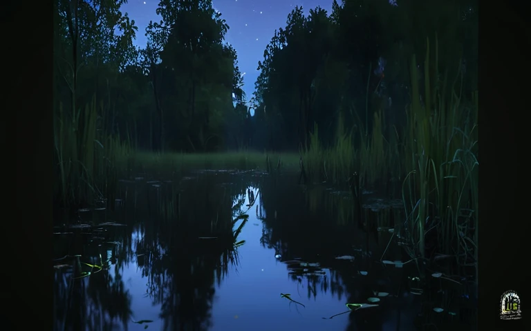 forest swamp, reeds, night, moonlight, fireflies, frogs, crickets, high definition