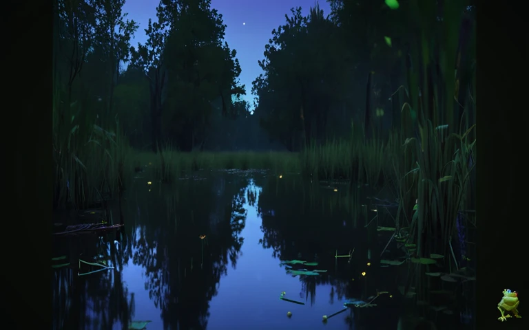 forest swamp, reeds, night, moonlight, fireflies, frogs, crickets, high definition