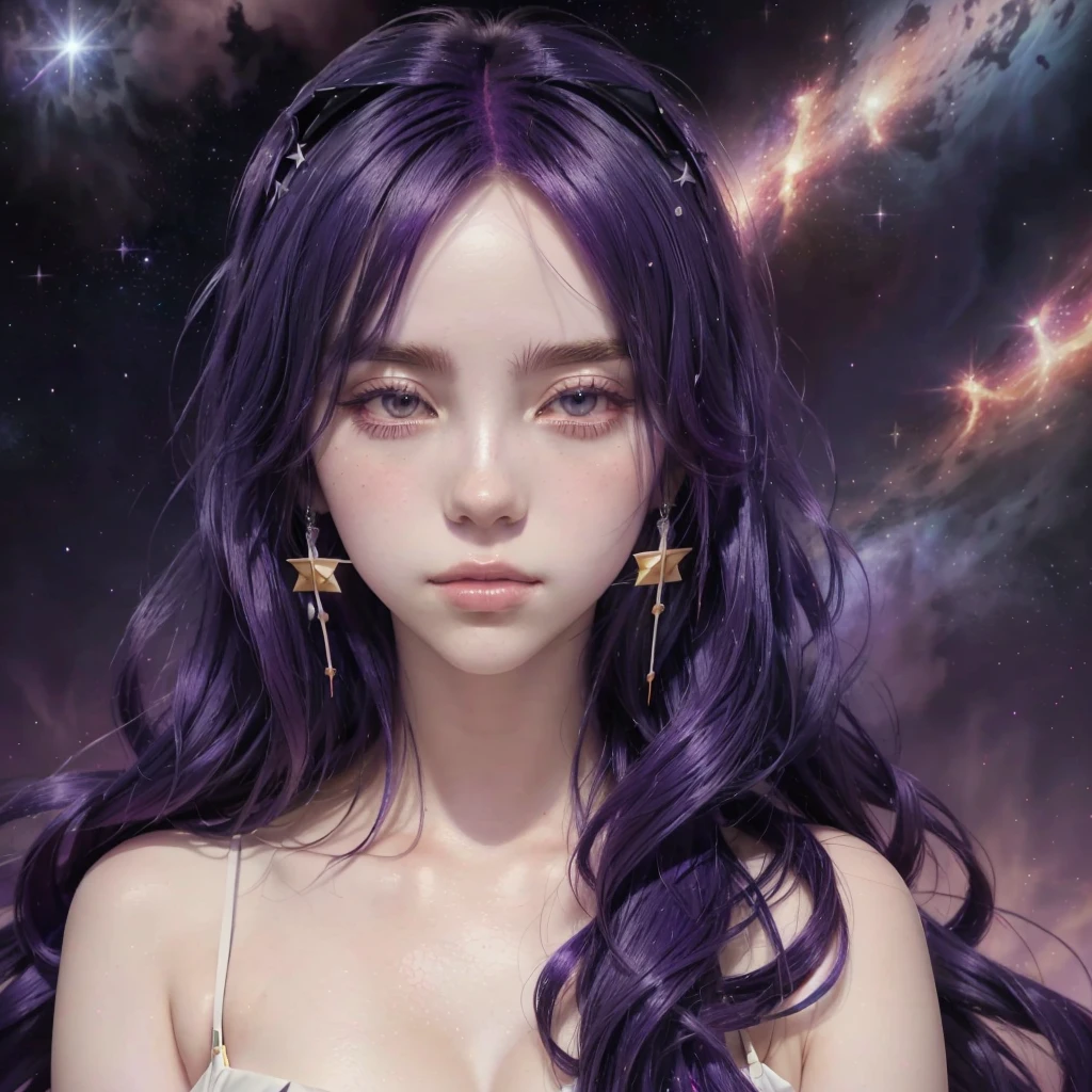 anime girl with purple hair and stars in the background, anime girl with cosmic hair, portrait knights of zodiac girl, goddess of galaxies, beautiful celestial mage, beautiful anime style, fantasy art style, portrait anime space cadet girl, beautiful anime portrait, stunning anime face portrait, anime girl with long hair, by Yang J, trending on cgstation, beautiful anime art style