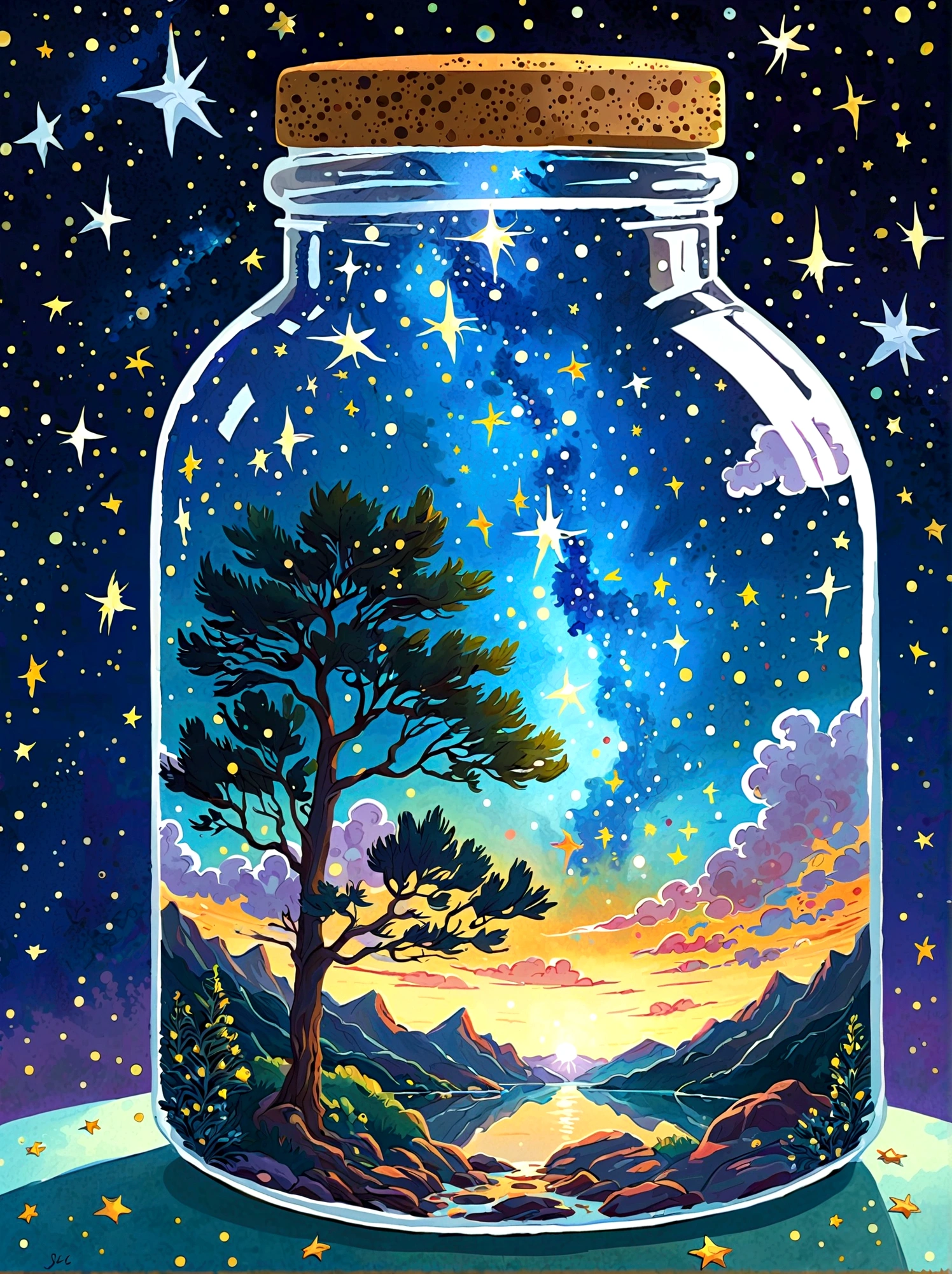 1pzsj1, Masterpiece，Top quality，(Very delicate and beautiful starry sky scenery trapped in a jar), world masterpiece theater, High resolution isometric, Top quality, illustration, Thick coating, canvas, painting, realism, Realism