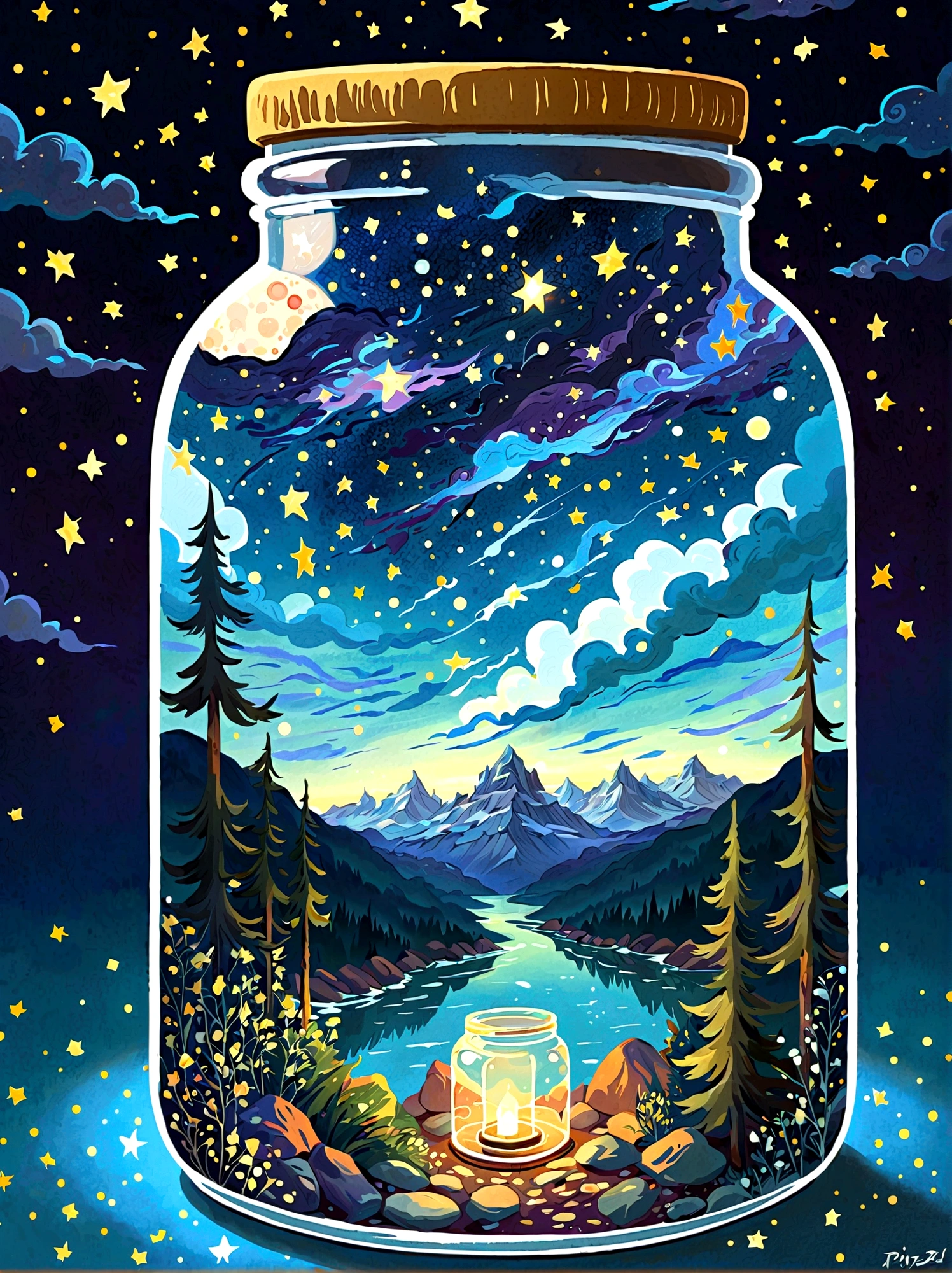 1pzsj1, Masterpiece，Top quality，(Very delicate and beautiful starry sky scenery trapped in a jar), world masterpiece theater, High resolution isometric, Top quality, illustration, Thick coating, canvas, painting, realism, Realism