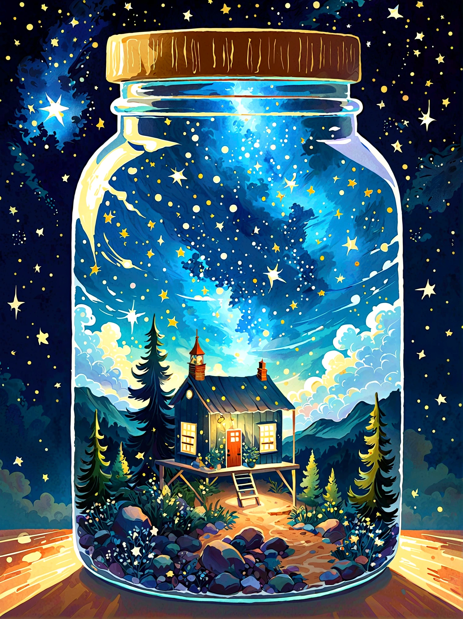 1pzsj1, Masterpiece，Top quality，(Very delicate and beautiful starry sky scenery trapped in a jar), world masterpiece theater, High resolution isometric, Top quality, illustration, Thick coating, canvas, painting, realism, Realism