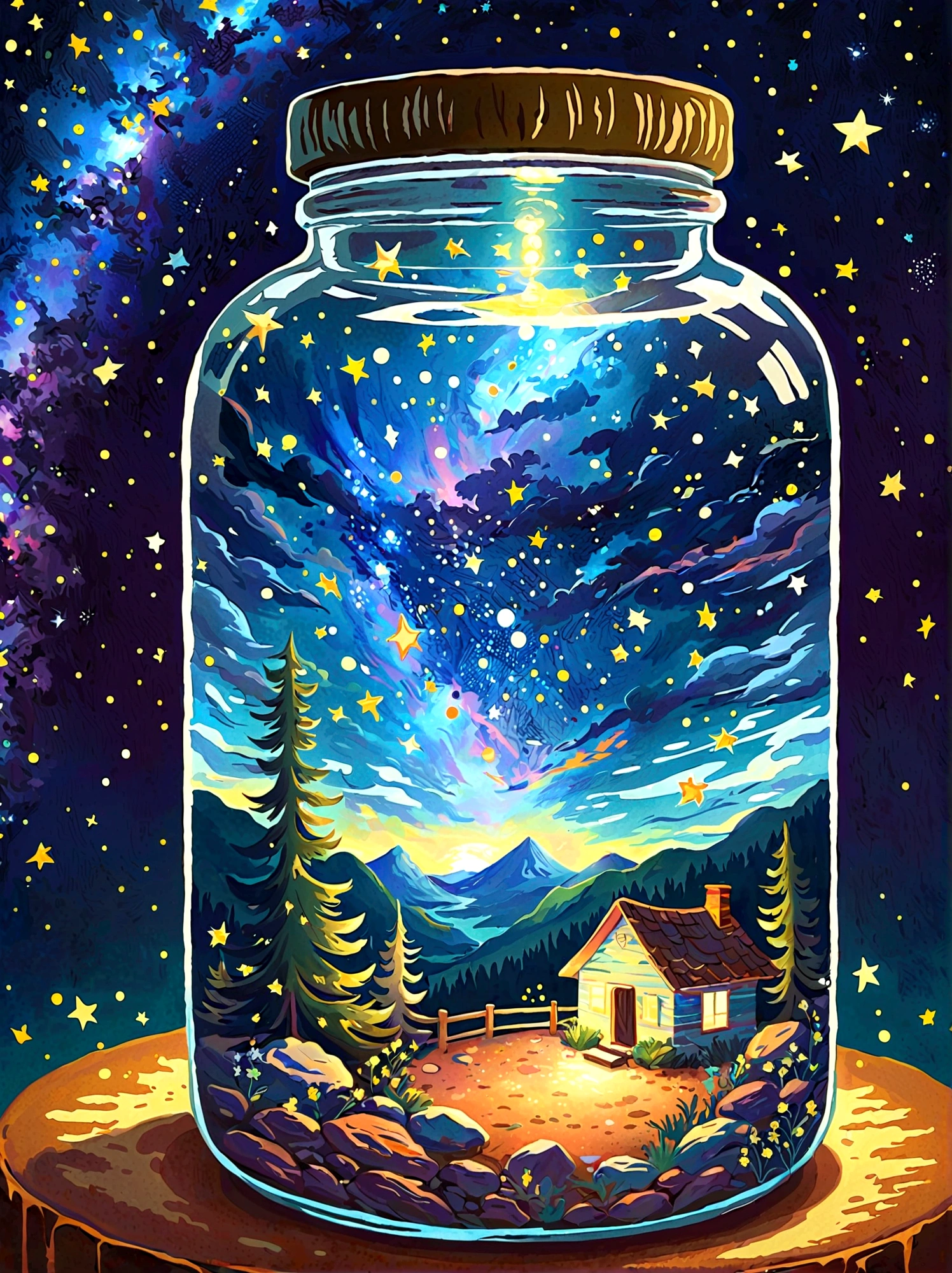 1pzsj1, Masterpiece，Top quality，(Very delicate and beautiful starry sky scenery trapped in a jar), world masterpiece theater, High resolution isometric, Top quality, illustration, Thick coating, canvas, painting, realism, Realism