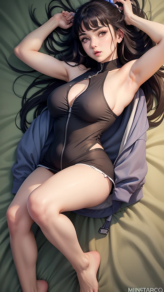 (masterpiece), 8kquality, expressive eyes, perfect face, beautiful girl, extra detailings, extra watermark, full body, bare shoulder, Hinata sleeveless clothing, Unzipped jacket, Close-up shot, sleeveless shirts, Fishing net clothing, parfect body, large breast, lying on the bed,