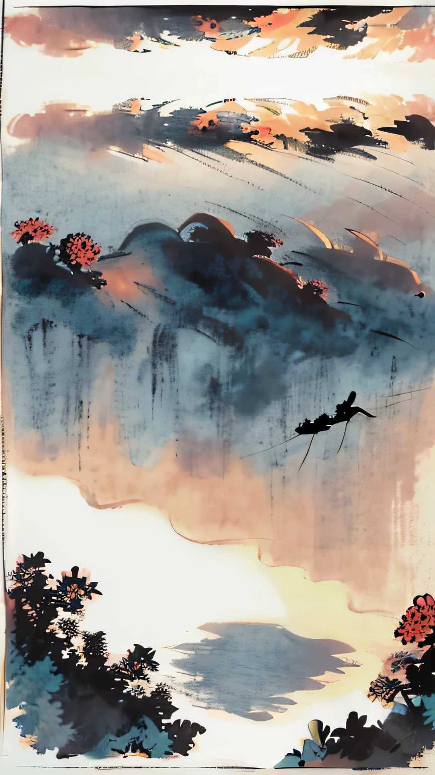China,ink,The sunset flies with the crane,lake water,The beauty of ancient poetry,sunset,Wild geese in the distant sky,Ancient buildings are well-proportioned,Exquisite work
