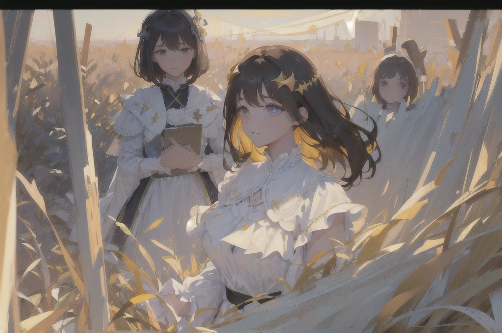 (1girl:1.2), slight blush, wavy hair, fluffy hair, capelet, lace trim, lace, frills, ta, elegant, bodice, light smile, peaceful, colorful, (winter:0.7), (flowers:0.7),, nature, princess, royal, extremely detailed, beautiful background, white, depth of field, cinematic lighting, Ghibli-like colours, high detail, scenery, horizon, wind, wind blow, looking at viewer, lolilothes, 8k, bokeh, award winning, (masterpiece:1.3), best quality, anatomically correct, perfect hands, ((Anime Woman)),,(gold and black clothing),( ( golden colored eye in the right eye) ) ( (dark gray eye in the left eye) ) ( ( star-shaped pupil in the left eye) ), ( ( dark brown hair in the half right side of hair) ), ( (light brown hair in the half left side of hair ) ), ( (split dyed hair ) ) , star shaped eye pupil, white colored eye pupil——Anime woman