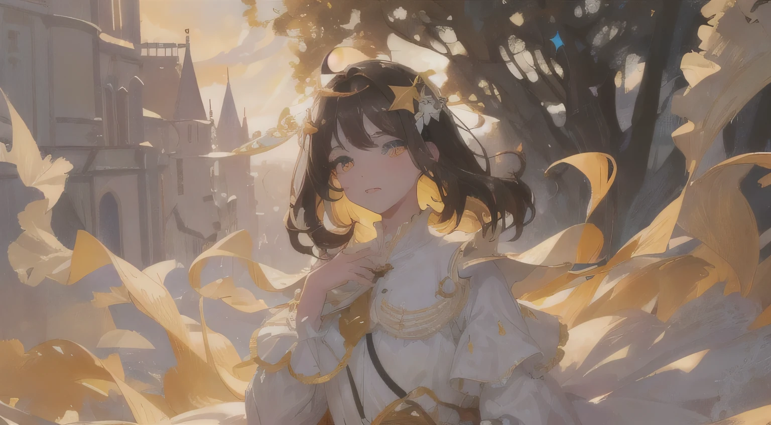 (1girl:1.2), slight blush, wavy hair, fluffy hair, capelet, lace trim, lace, frills, ta, elegant, bodice, light smile, peaceful, colorful, (winter:0.7), (flowers:0.7),, nature, princess, royal, extremely detailed, beautiful background, white, depth of field, cinematic lighting, Ghibli-like colours, high detail, scenery, horizon, wind, wind blow, looking at viewer, lolilothes, 8k, bokeh, award winning, (masterpiece:1.3), best quality, anatomically correct, perfect hands, ((Anime Woman)),,(gold and black clothing),( ( golden colored eye in the right eye) ) ( (dark gray eye in the left eye) ) ( ( star-shaped pupil in the left eye) ), ( ( dark brown hair in the half right side of hair) ), ( (light brown hair in the half left side of hair ) ), ( (split dyed hair ) ) , star shaped eye pupil, white colored eye pupil——Anime woman