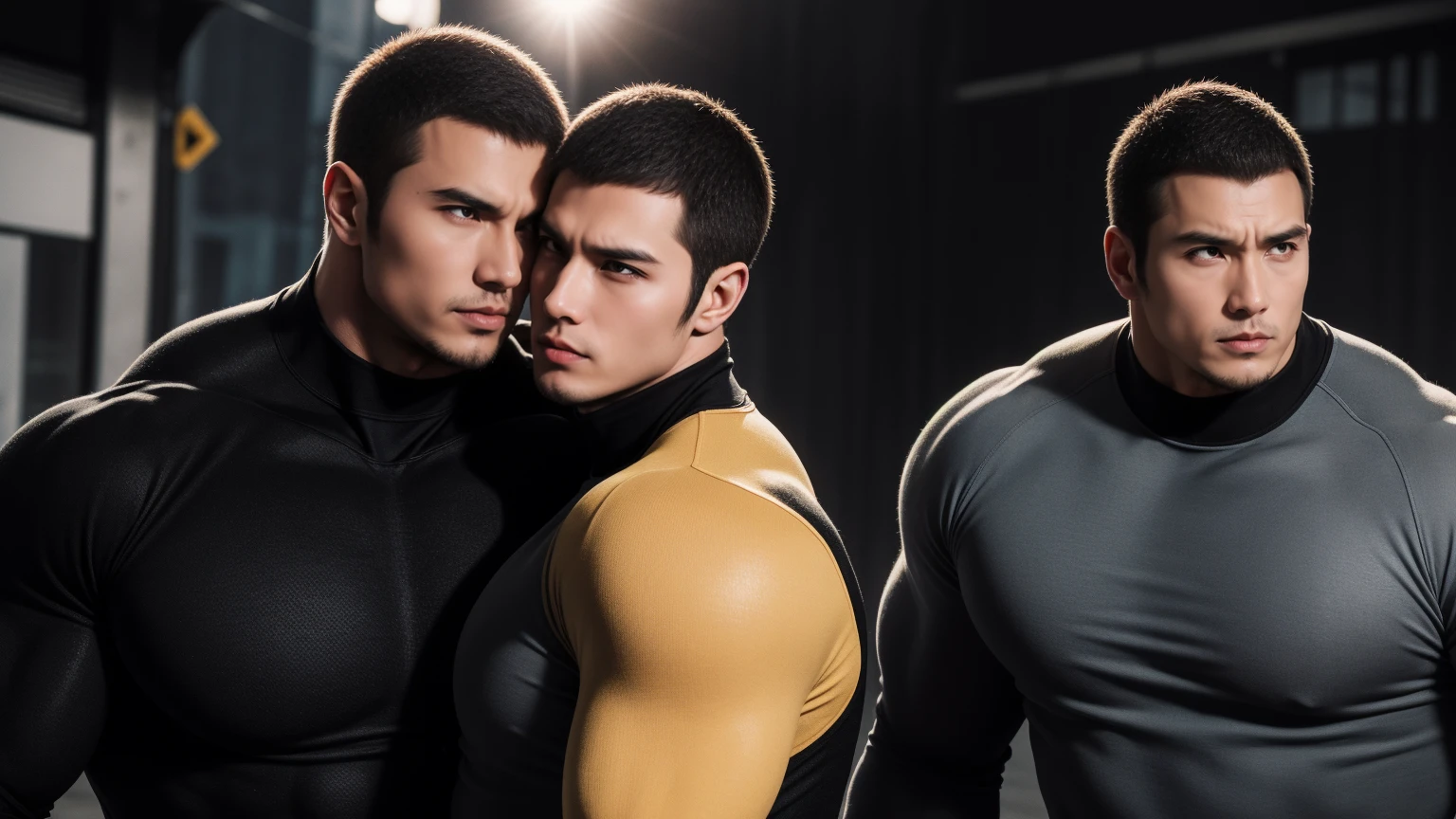 Super muscular man hugging, Open your mouth and scream,Look at each other affectionately,They embrace affectionately,short hair,On a vintage outdoor street under the hot sun, Wear long sleeves, Deep turtleneck bodysuit, Thickened warm elastic texture,The clothes are dirty,There are mud stains,The expression is arrogant, Thick thighs, messy hair, Thick thighs, High-necked long-sleeved dark yellow high-necked tights, very tight, Regular symmetrical pattern, Highlight muscles, Police uniform pants, character concept(Resident Evil - chris redfield, chris redfield)A proud expression, Deep and charming eyes, Valiant male pose, tall Burly, muscular!muscular thighs, Tough Guy, Perfect facial features, High, Burly, Heqiang, Super exquisite and cool, High Resolution Committee, Attractive, The sun is blazing, Dazzling