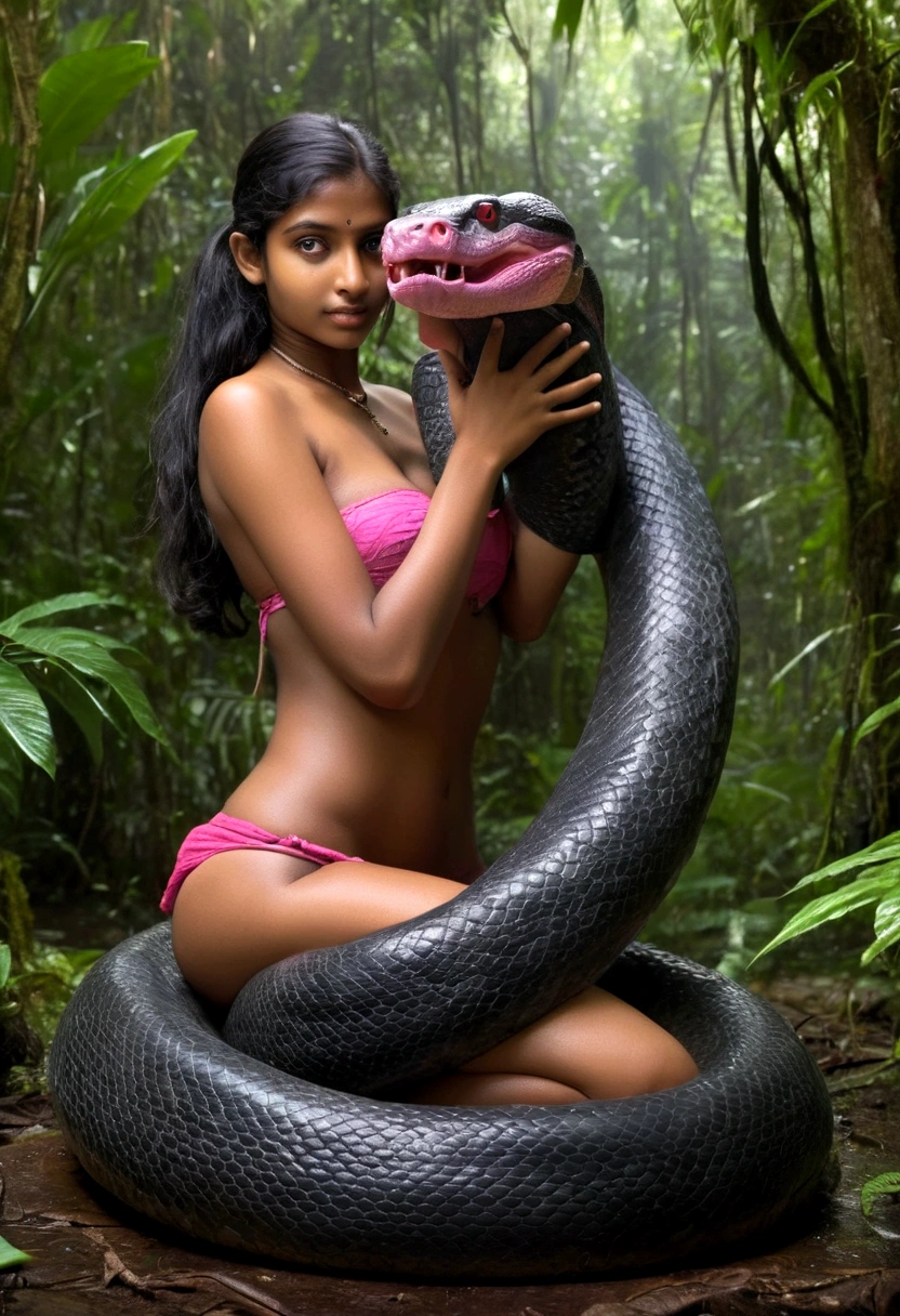  Topless  pink thong wearing aroused horny beautiful happy young Indian  girl vs  Giant black anaconda monster wrapped around her body squeezing her in coiled embrace cuddling and kissing  sexual erotic bestiality  sex  realistic in the rainforest full body, best quality wet 