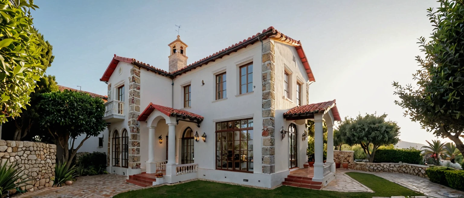 RAW photo,Masterpiece, high quality, best quality, authentic, super detail, 
A beautiful Mediterranean style house with a garden and a large white building with a red roof. The house has a large patio and a variety of potted plants and trees surrounding it. The house is surrounded by a stone wall and has a large balcony overlooking the garden.
 (high detailed :1.2), 8k uhd, dslr, soft lighting, high quality, film grain, Fujifilm XT3