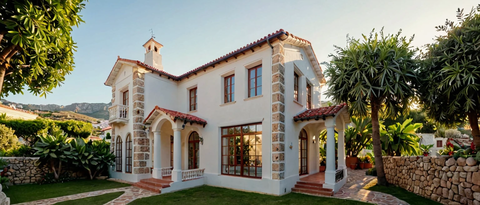 RAW photo,Masterpiece, high quality, best quality, authentic, super detail,
A beautiful Mediterranean style house with a garden and a large white building with a red roof. The house has a large patio and a variety of potted plants and trees surrounding it. The house is surrounded by a stone wall and has a large balcony overlooking the garden.
(high detailed :1.2), 8k uhd, dslr, soft lighting, high quality, film grain, Fujifilm XT3