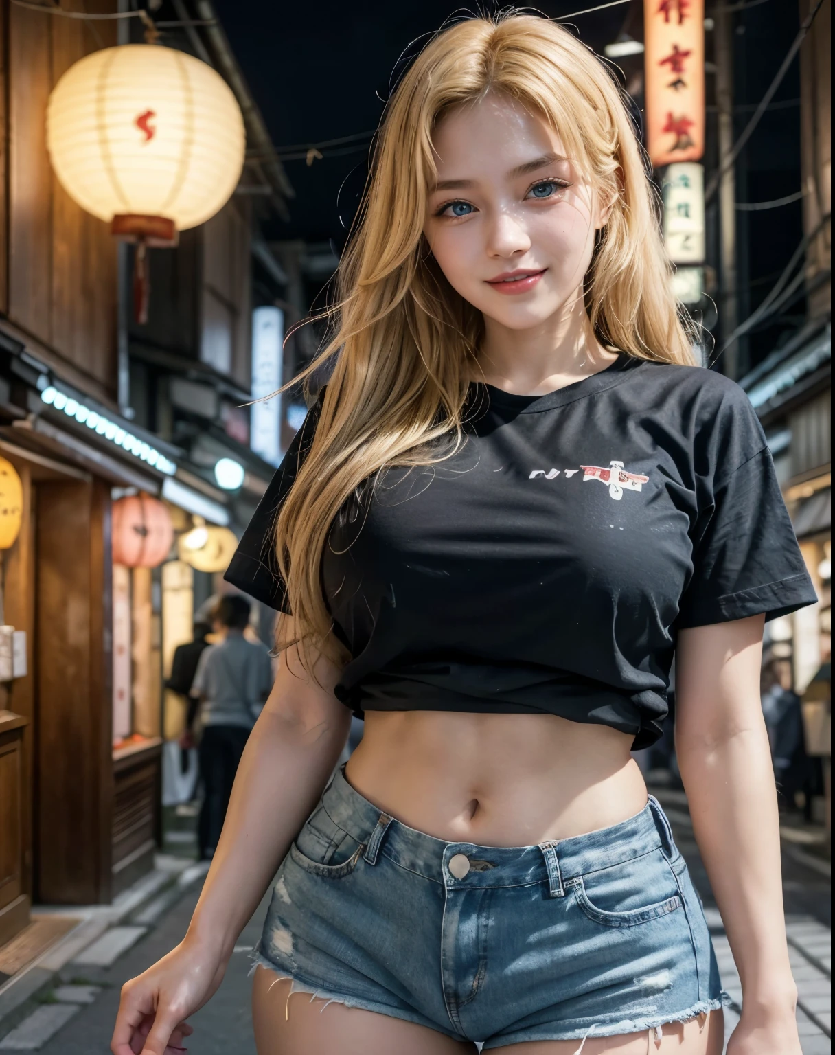 1girl, (Blue Eyes), (smiling :1.2), big tits, big ass, wide hips, (Best Quality, 8k, Masterpiece: 1.3), Clear Focus: 1.2, Perfect Body Beauty: 1.4, strong abs, Highly detailed face and skin texture, detailed eyes, double eyelids, red lips, (blonde long hair :1.2), (black t-shirt :1.4), (denim shorts), standing, dynamic pose, in a traditional neighborhood of tokyo, traditional japanese paper lanterns, blur background
