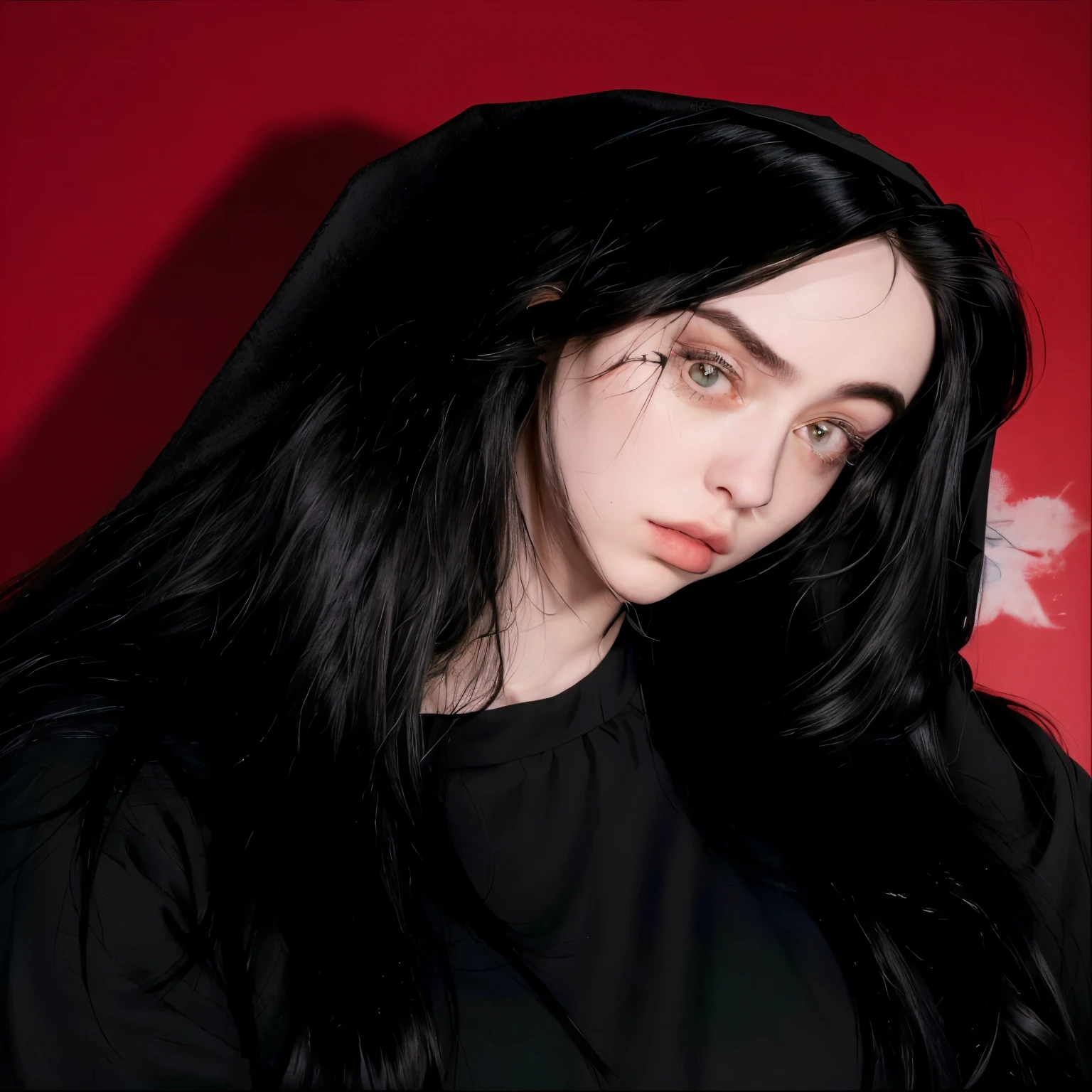 arafed woman with long black hair and a black top, billie eilish, overlord billie eilish, billie eilish as a nun, portrait of billie eilish, billie eilish as a sad nun, she has black hair, billie eilish portrait, billie eilish as loki, billie eilish as female loki, she has black hair with bangs