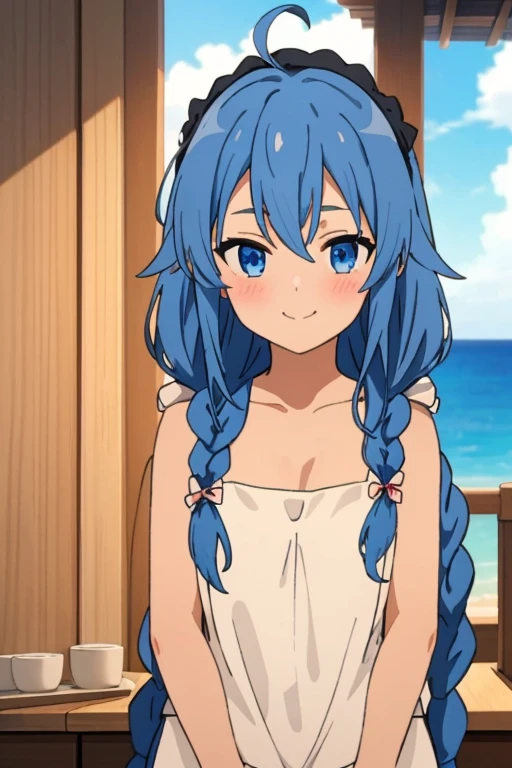 (masterpiece, best quality), music, 1 girl, solitary, Smile, blush, Double braid, Long hair, Blue Hair, garlic,  blue eyes, ((apron)), ((nude)), 裸apron，Small Breasts, Upper Body, eternal,  Looking at the audience, ocean滩, ocean,