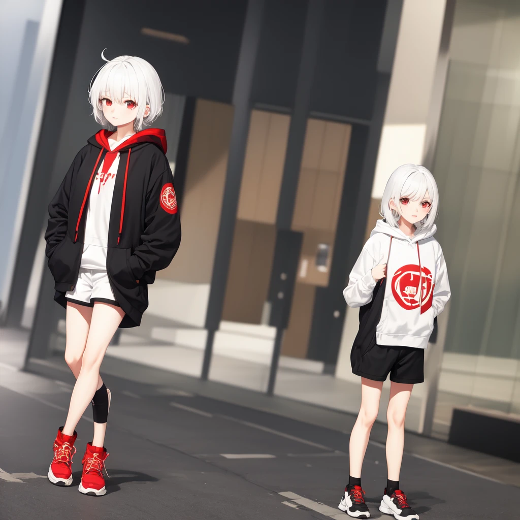White Hair、Red eyes、White hoodie、Black shorts、girl、Background white