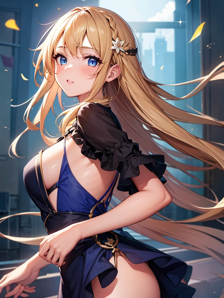 single anime girl, age, short
BREAK long blond hair, braid, side bangs, hair ornament, flower hair clip, blue eyes, thin lips, small , thin thighs
BREAK casual dress, gold ring, sleeveless dress, dark blue dress
BREAK looking at viewer, upper body, blush, slightly annoyed face, walking, dynamic pose
BREAK middle ages city background
BREAK (masterpiece:1.2), best quality, high resolution, unity 8k wallpaper, (illustration:0.8), (beautiful detailed eyes:1.6), extremely detailed face, perfect lighting, extremely detailed CG, (perfect hands, perfect anatomy)