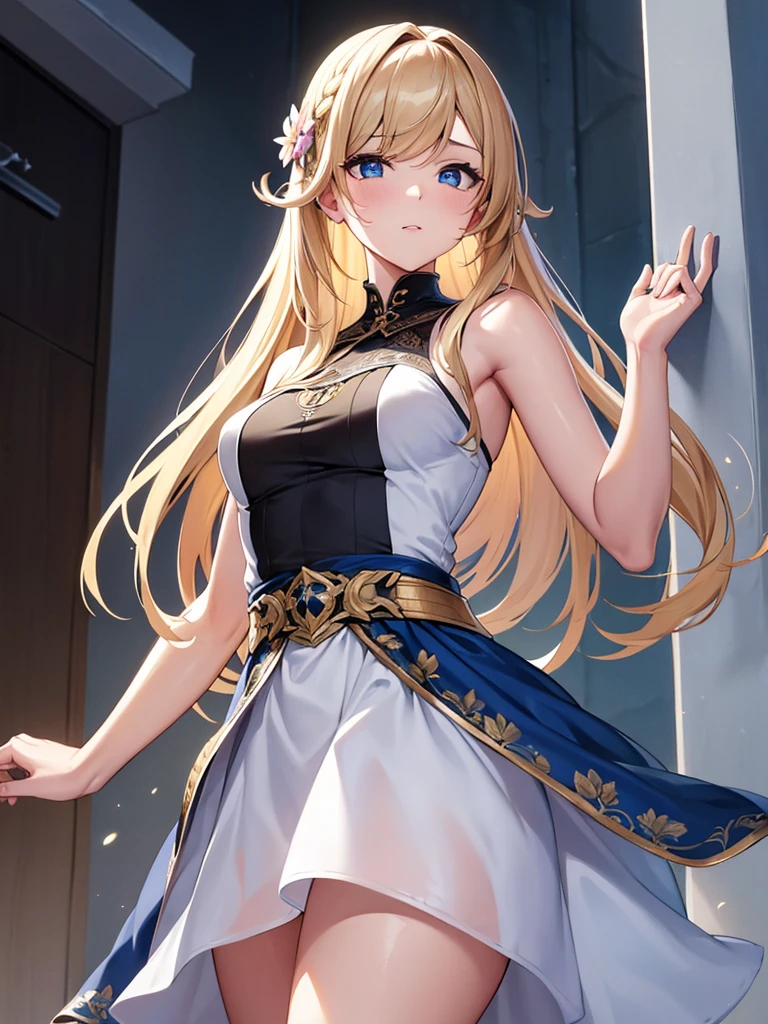 single anime girl, teenage, short
BREAK long blond hair, braid, side bangs, hair ornament, flower hair clip, blue eyes, thin lips, small , thin thighs
BREAK casual dress, gold ring, sleeveless dress, dark blue dress
BREAK looking at viewer, upper body, blush, slightly annoyed face, walking, dynamic pose
BREAK middle ages city background
BREAK (masterpiece:1.2), best quality, high resolution, unity 8k wallpaper, (illustration:0.8), (beautiful detailed eyes:1.6), extremely detailed face, perfect lighting, extremely detailed CG, (perfect hands, perfect anatomy)