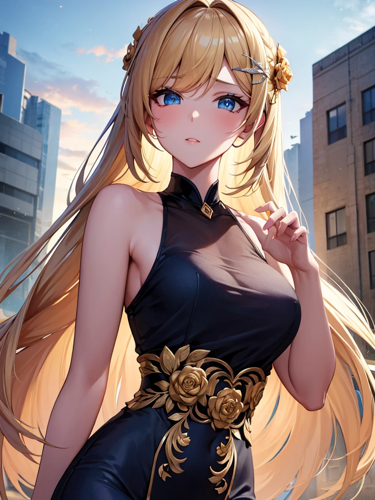 single anime girl, teenage, short
BREAK long blond hair, braid, side bangs, hair ornament, flower hair clip, blue eyes, thin lips, small , thin thighs
BREAK casual dress, gold ring, sleeveless dress, dark blue dress
BREAK looking at viewer, upper body, blush, slightly annoyed face, walking, dynamic pose
BREAK middle ages city background
BREAK (masterpiece:1.2), best quality, high resolution, unity 8k wallpaper, (illustration:0.8), (beautiful detailed eyes:1.6), extremely detailed face, perfect lighting, extremely detailed CG, (perfect hands, perfect anatomy)