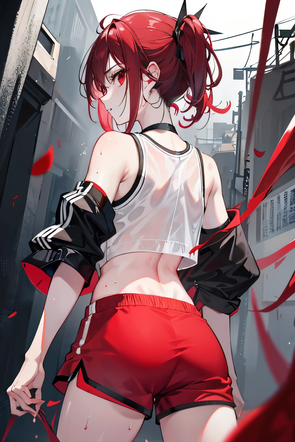 underdressing,indifferent,Red Eyes,Sweat,Soaked,liquid,transparent,Expression of disgust,Back,Cropped tops,shorts
