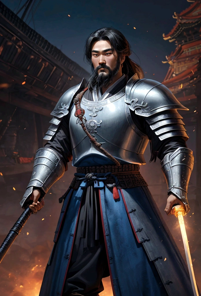 Araped image of a man in armor holding a spear, korea Warrior, korea Three Kingdomss, from Three Kingdomss, picture of an adult male Warrior, Zhaoyun, Shipbuilding, powerful Warrior, Shipbuilding 인, historical hero, Three Kingdoms, legendary Warrior, Three Kingdomss, Guan Yu, photo of Shipbuilding, Warrior