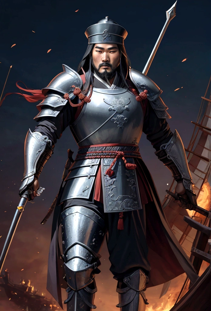 Araped image of a man in armor holding a spear, korea Warrior, korea Three Kingdomss, from Three Kingdomss, picture of an adult male Warrior, Zhaoyun, Shipbuilding, powerful Warrior, Shipbuilding 인, historical hero, Three Kingdoms, legendary Warrior, Three Kingdomss, Guan Yu, photo of Shipbuilding, Warrior