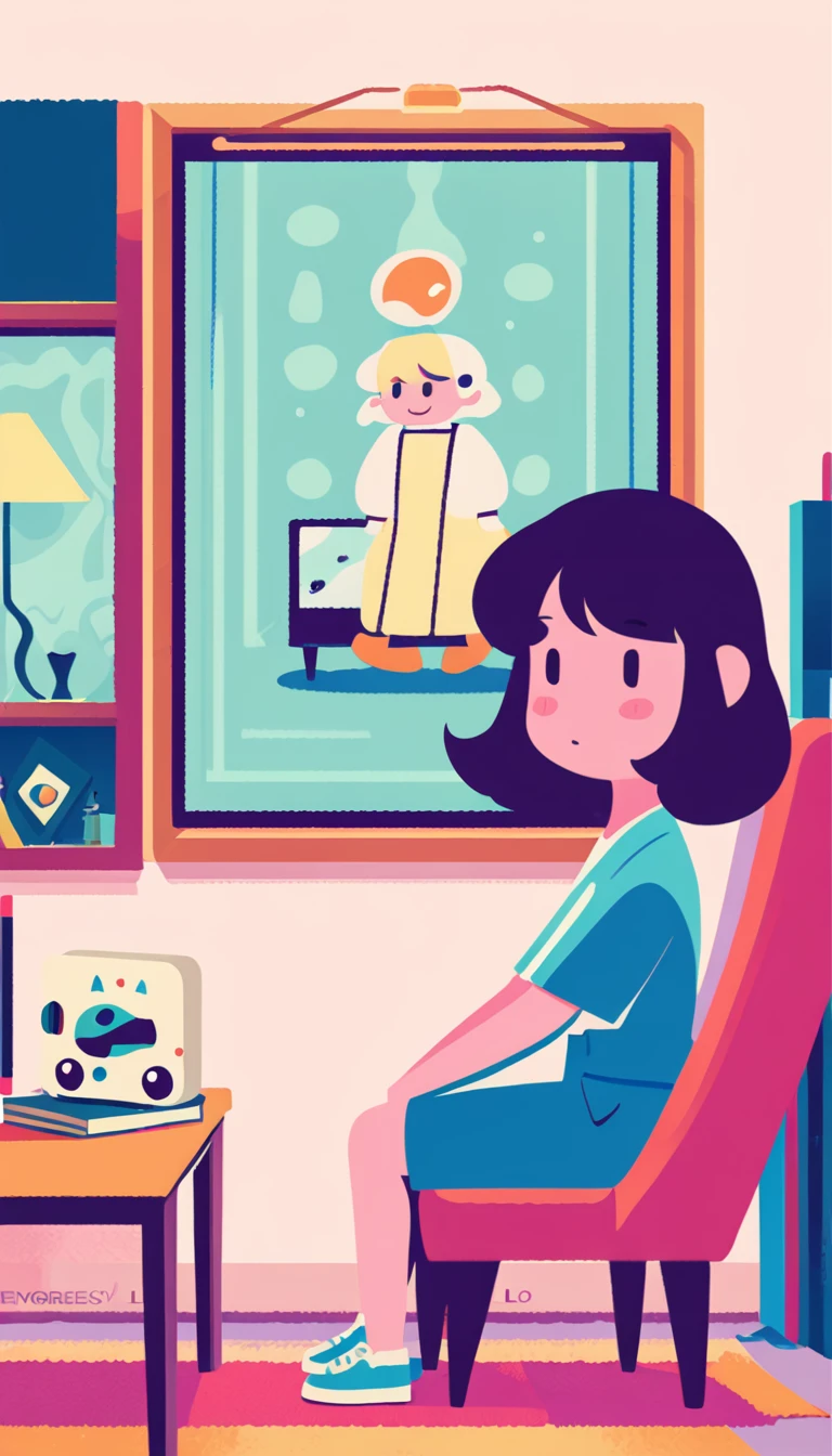 Cartoon of a woman sitting on a chair in the living room, flat figure, figure style, Inspired by NEVERCREW, Laurie Griesley's style, lo-fi figure style, Morning Time, Illustration art, Lofi Art, advertisement, Lo-fi Girl, Lofi Artstyle, Website Avatar, #figure, figure detailed, 6k, 6k yen,Computer desk